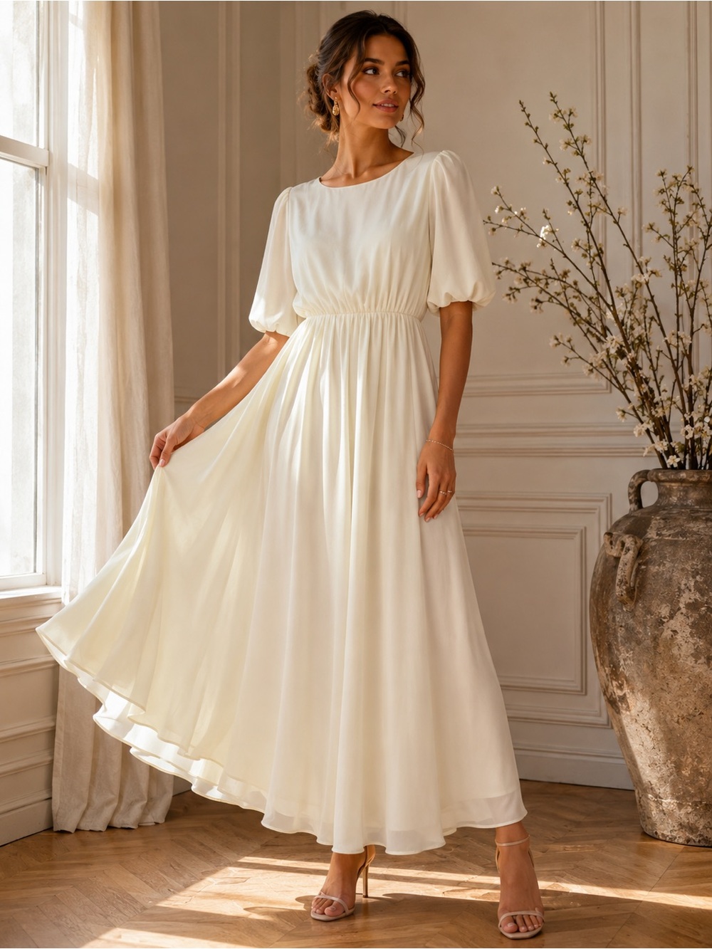 Elegant Cream Puff-Sleeve Maxi Dress